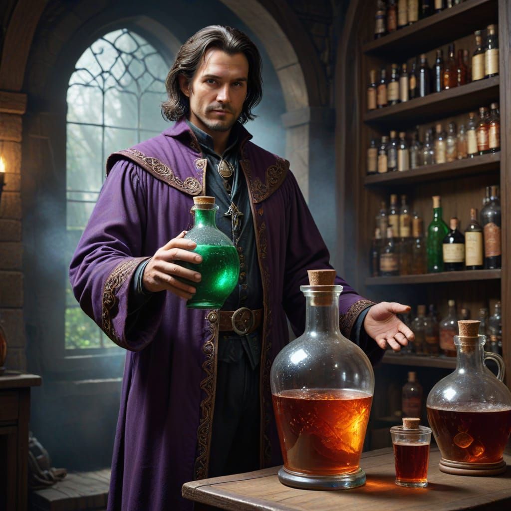 A Wizard in Waiting Beside a Massive Magical Elixir