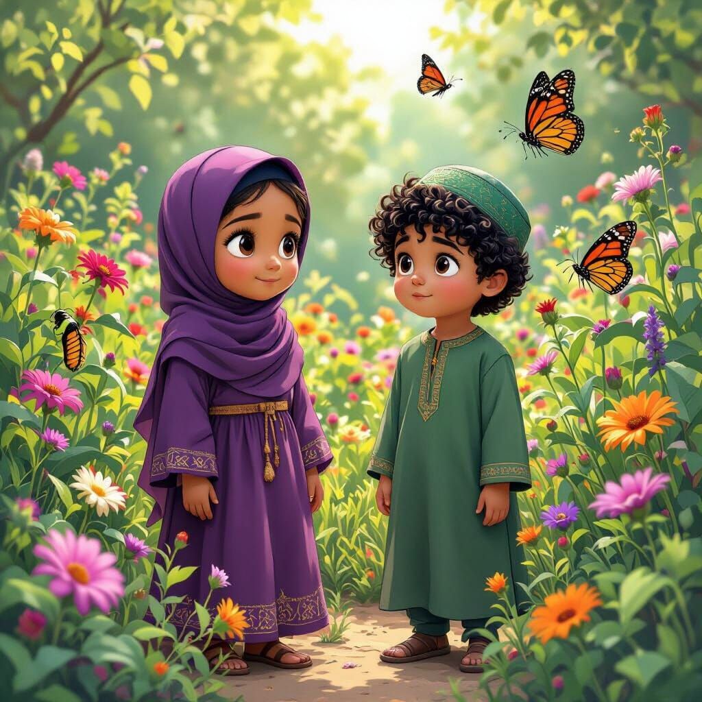Children in Fantasy Garden, Matte Painting Style
