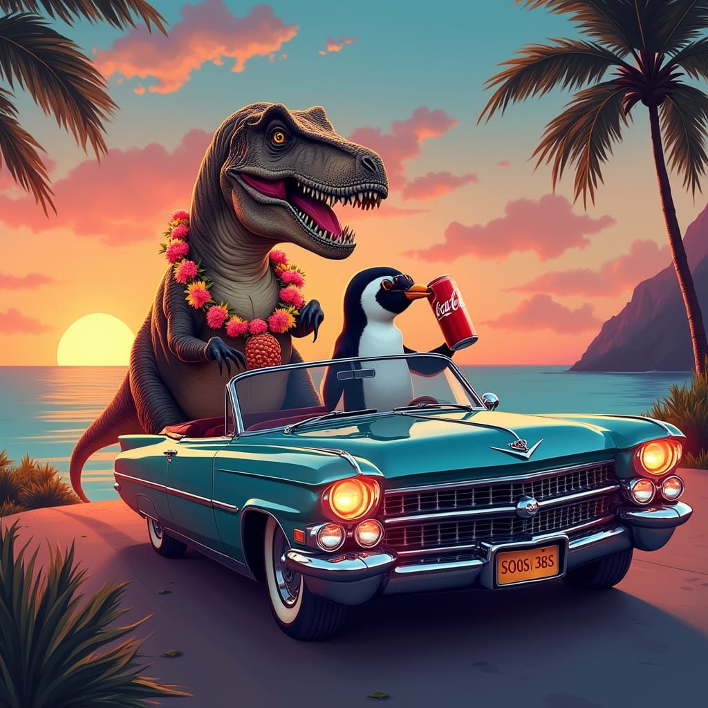 Dinosaur and Penguin Cruise in Vintage Cadillac