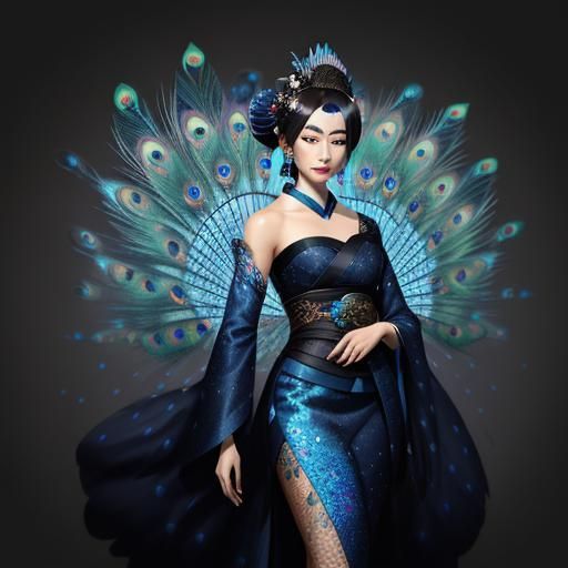 Geisha with Peacock Feathers in Astral Illustration
