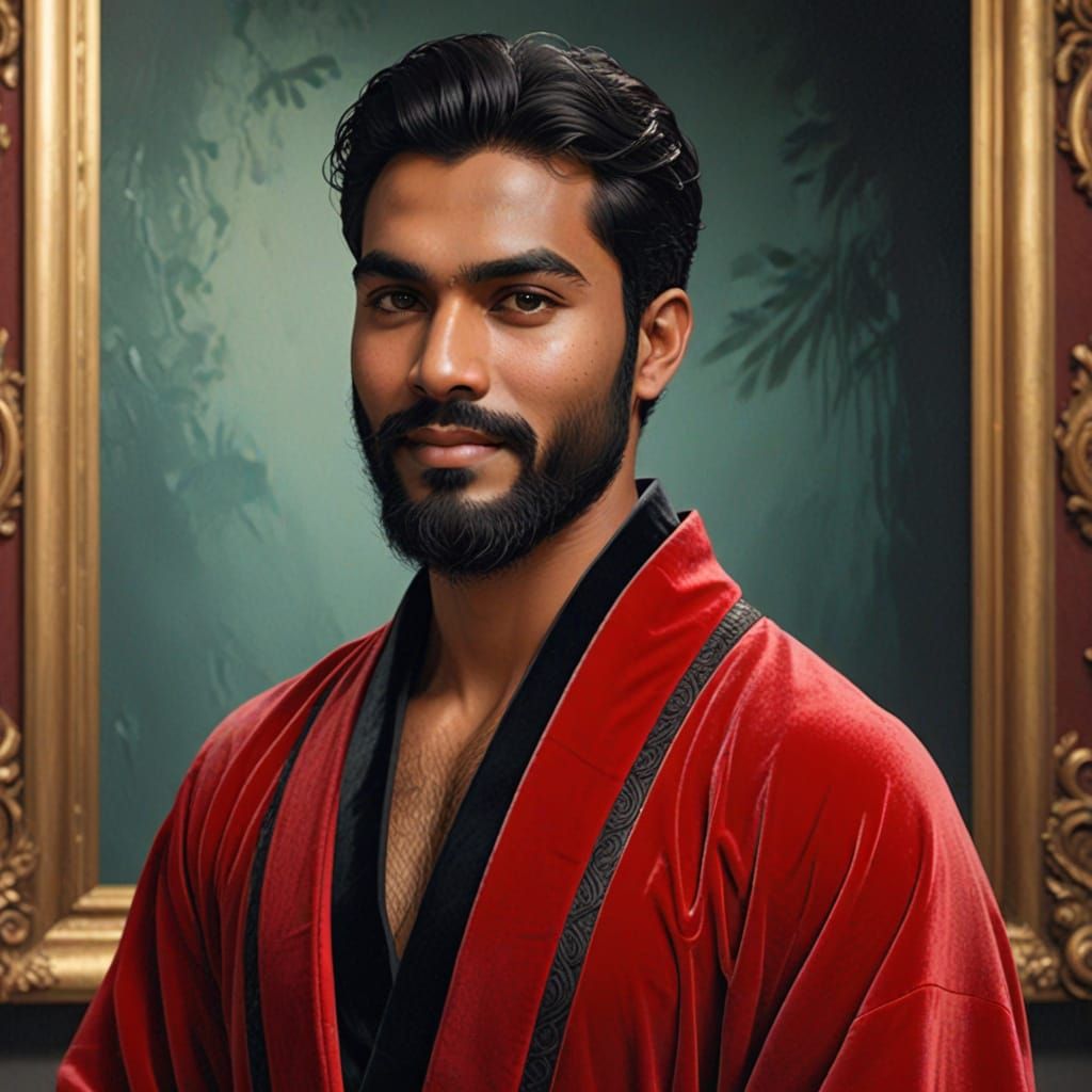 Handsome Young Man in Velvet Bathrobe