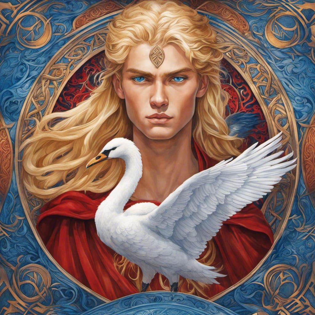 Golden Celtic God with Swan in Watercolor Style