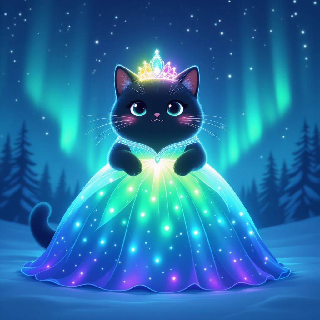 Pusheen Cat in Aurora Borealis Gown