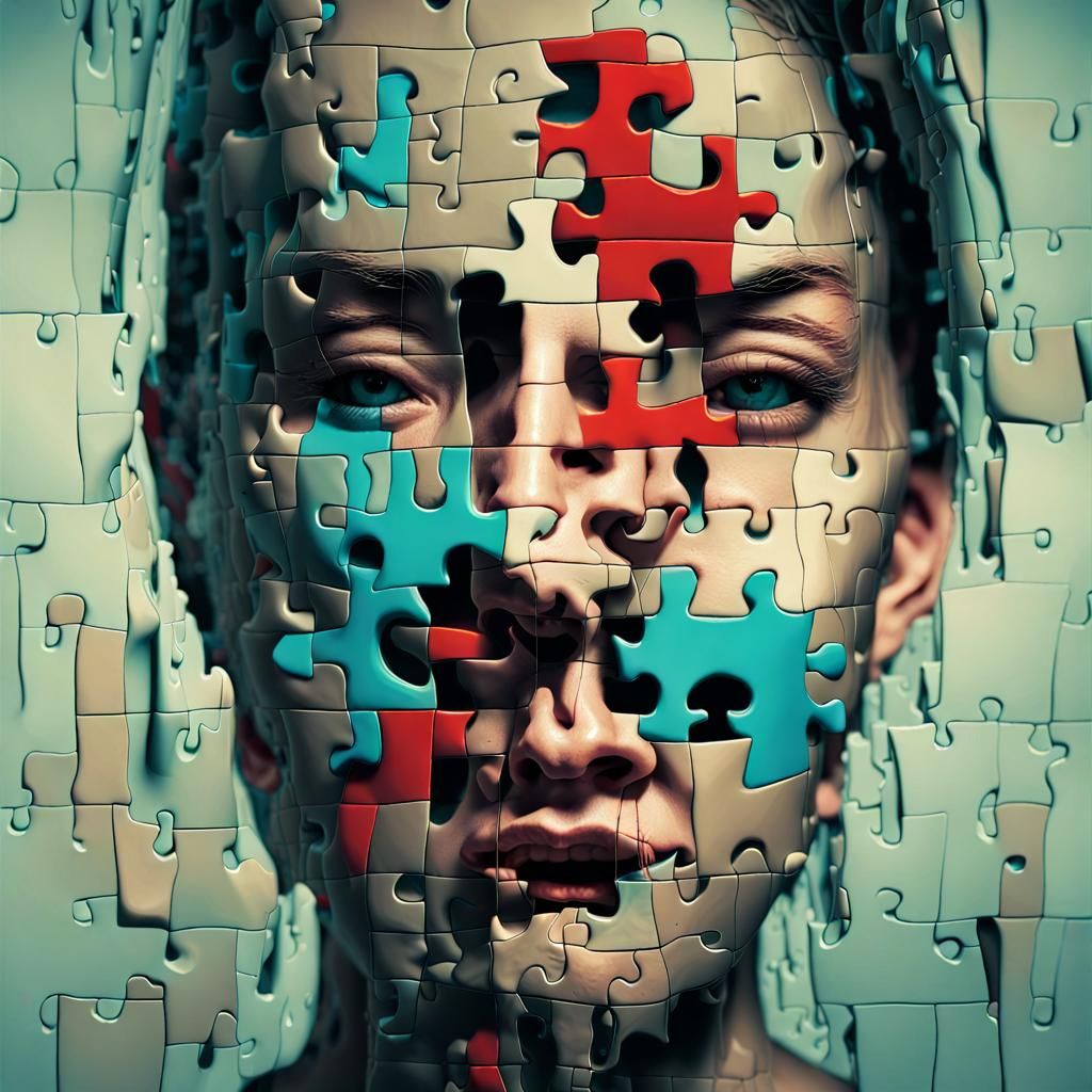 Fragmented Puzzle Face in Surreal Digital Collage