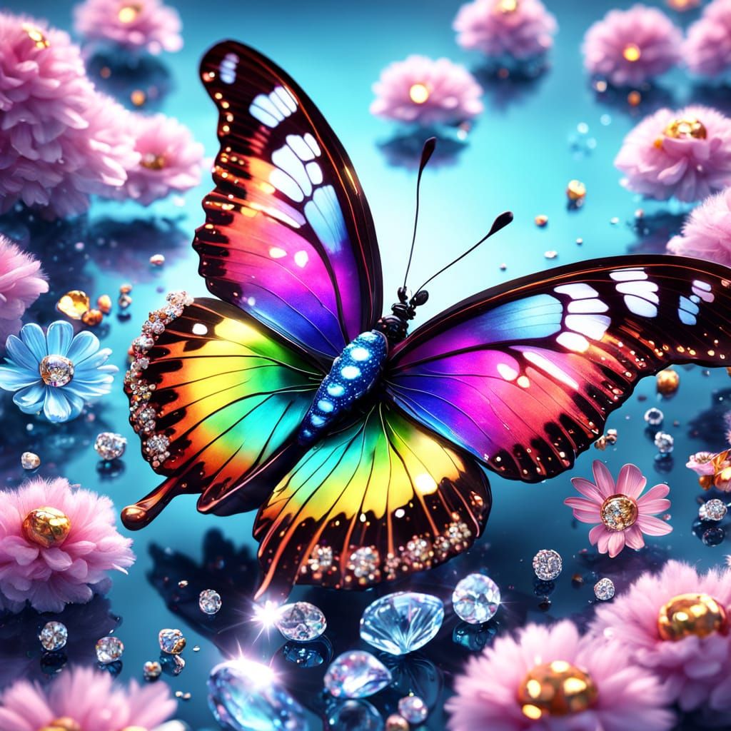 Majestic Glass Butterfly with Diamonds in Fantasy Landscapes