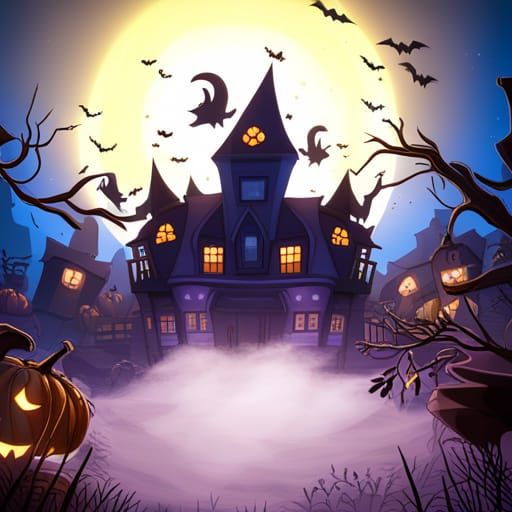 Spooky Halloween Cartoon Bats at Haunted House