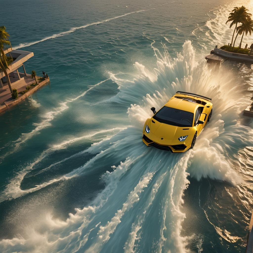 Lamborghini Speeding Over Ocean at Sunset in Anime Style