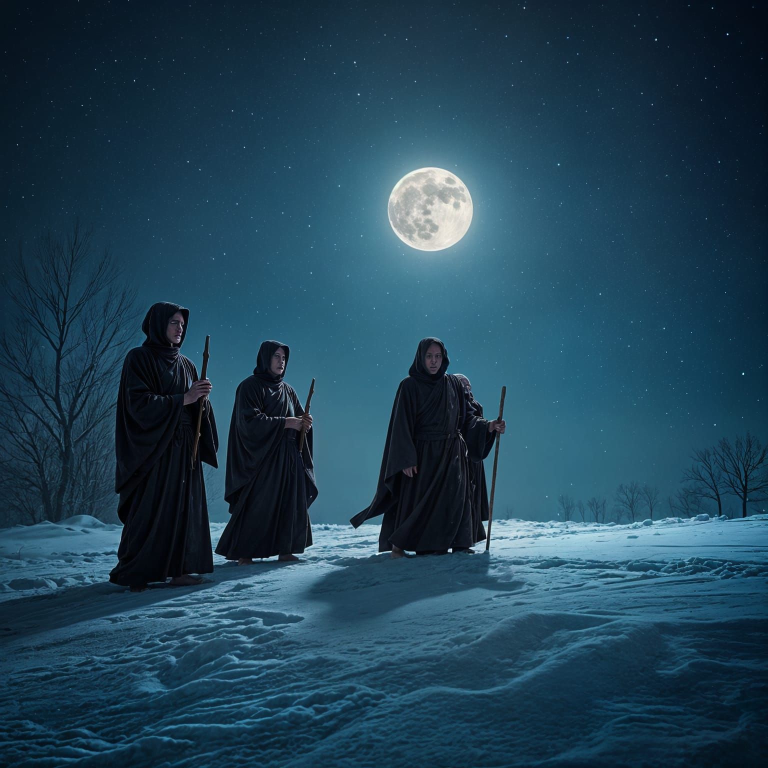 Eerie Monks Walking Under the Full Moon