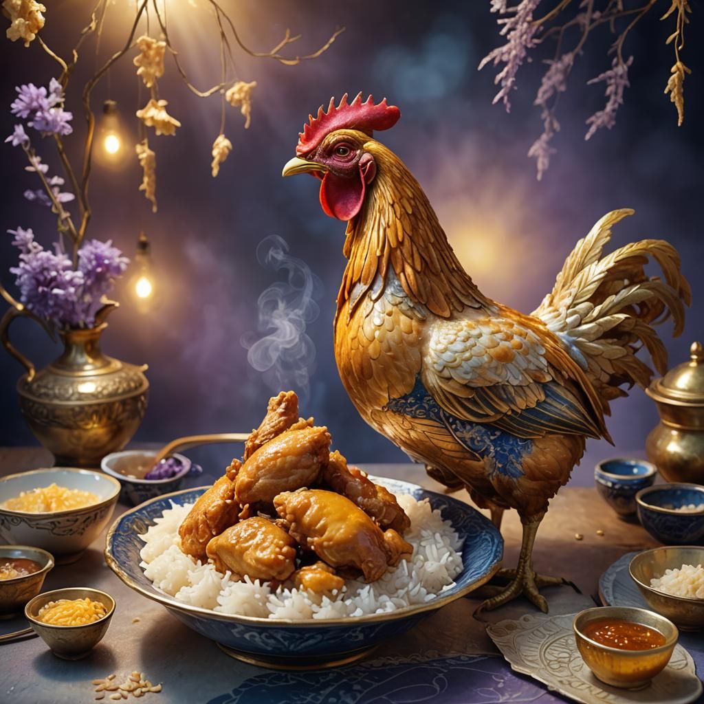 Golden Fried Hen Still Life in Art Nouveau Style
