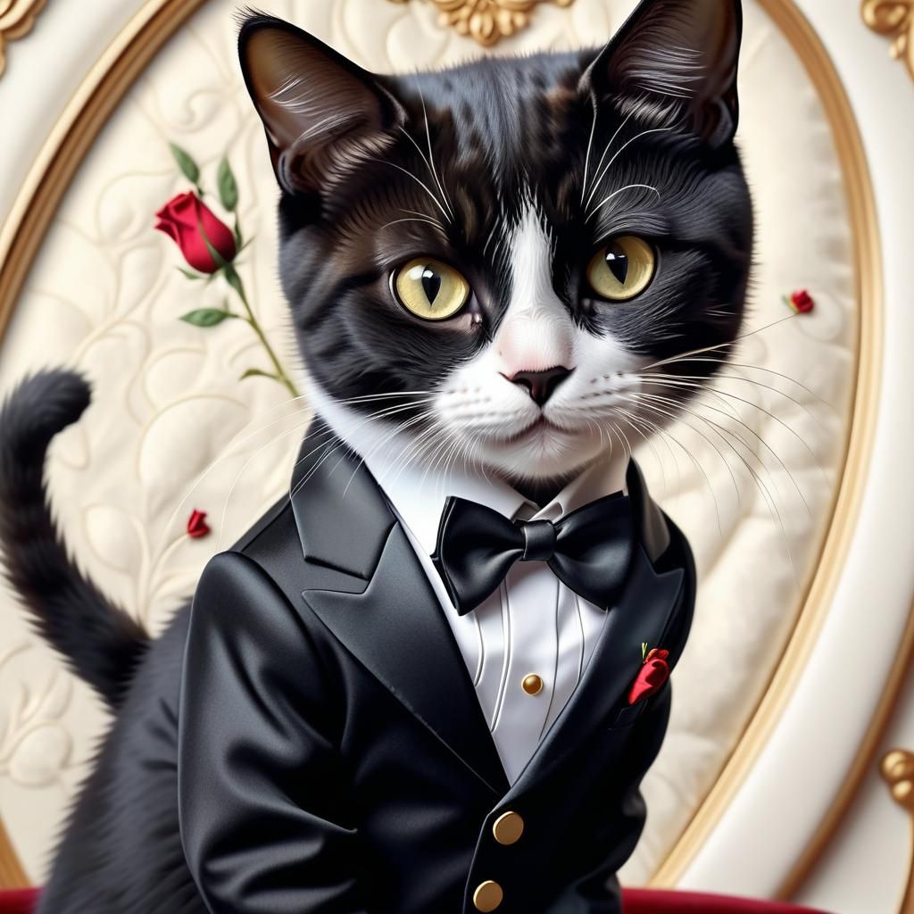 Hyperreal Cartoon Cat in Tuxedo on Velvet Couch