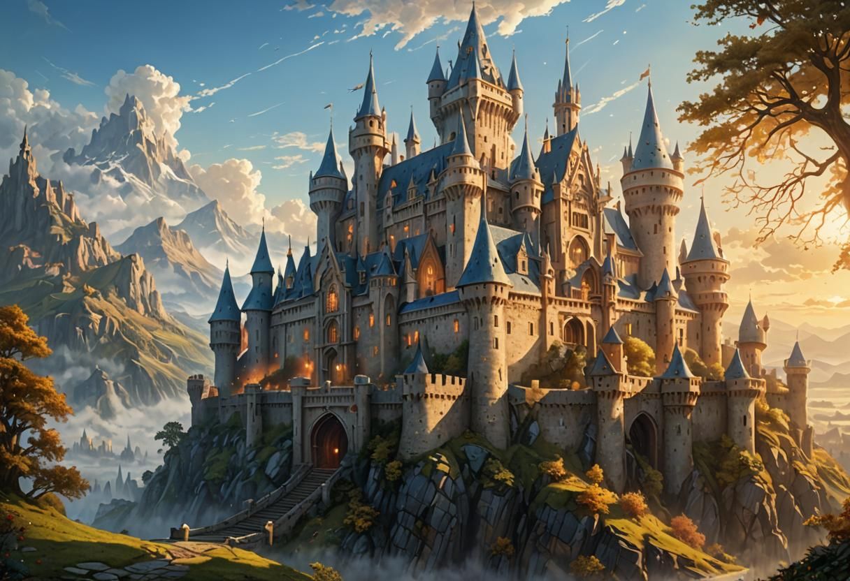 Otherworldly Castle in Medieval Landscape: Hyperrealistic Oi...