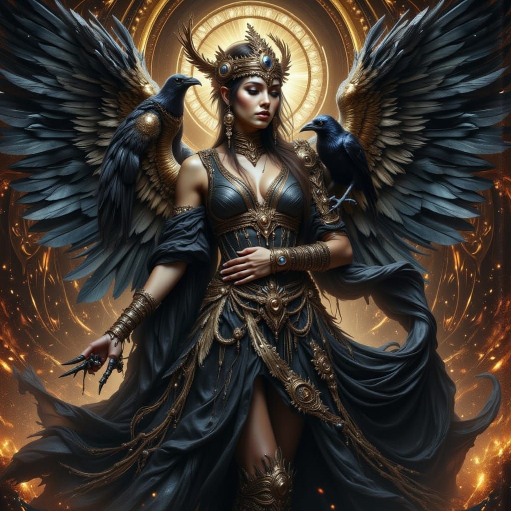 Dark Angel with Raven in Cosmic Attire