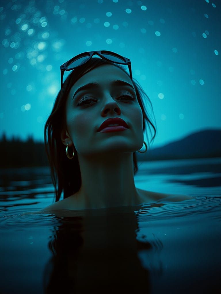 A Captivating Nighttime Scene of a Woman in a Lake Under Sta...
