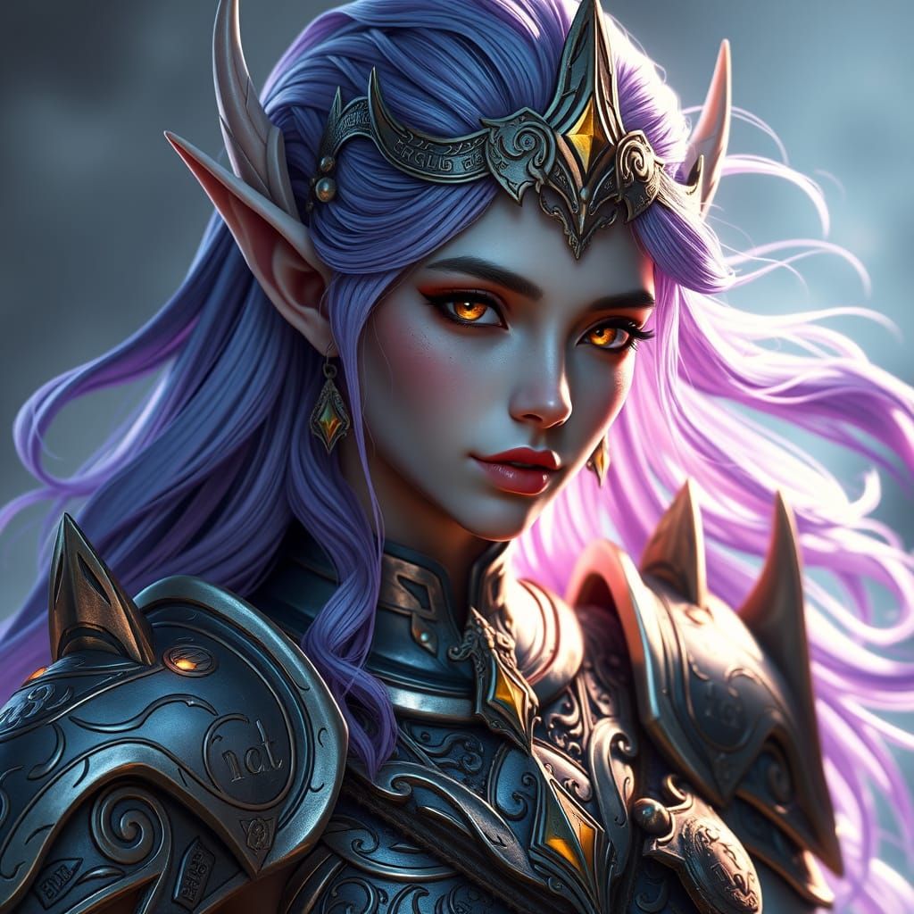 Regal Elf Warrior in Silver Armor with Ancient Elven Script