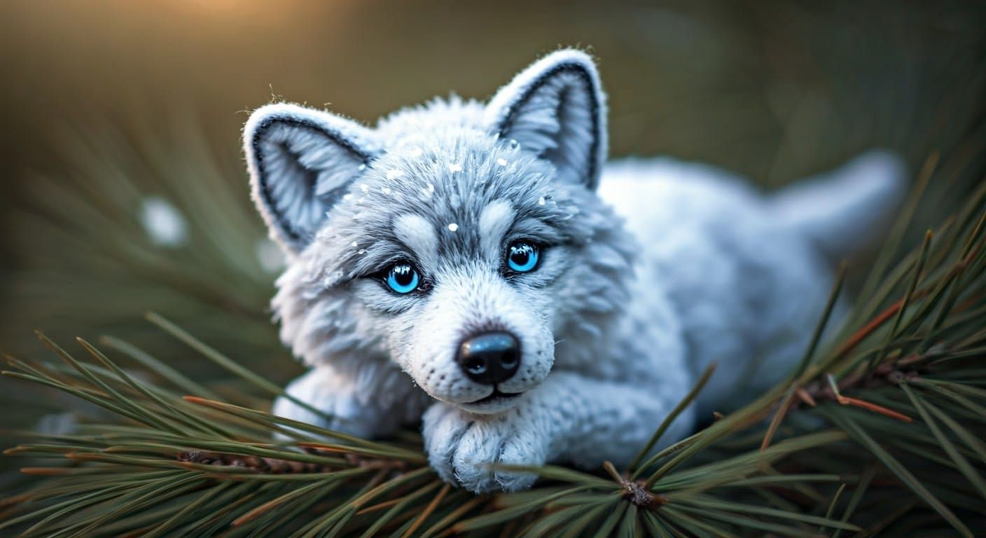 Crocheted White Wolf Pup in Winter Snow