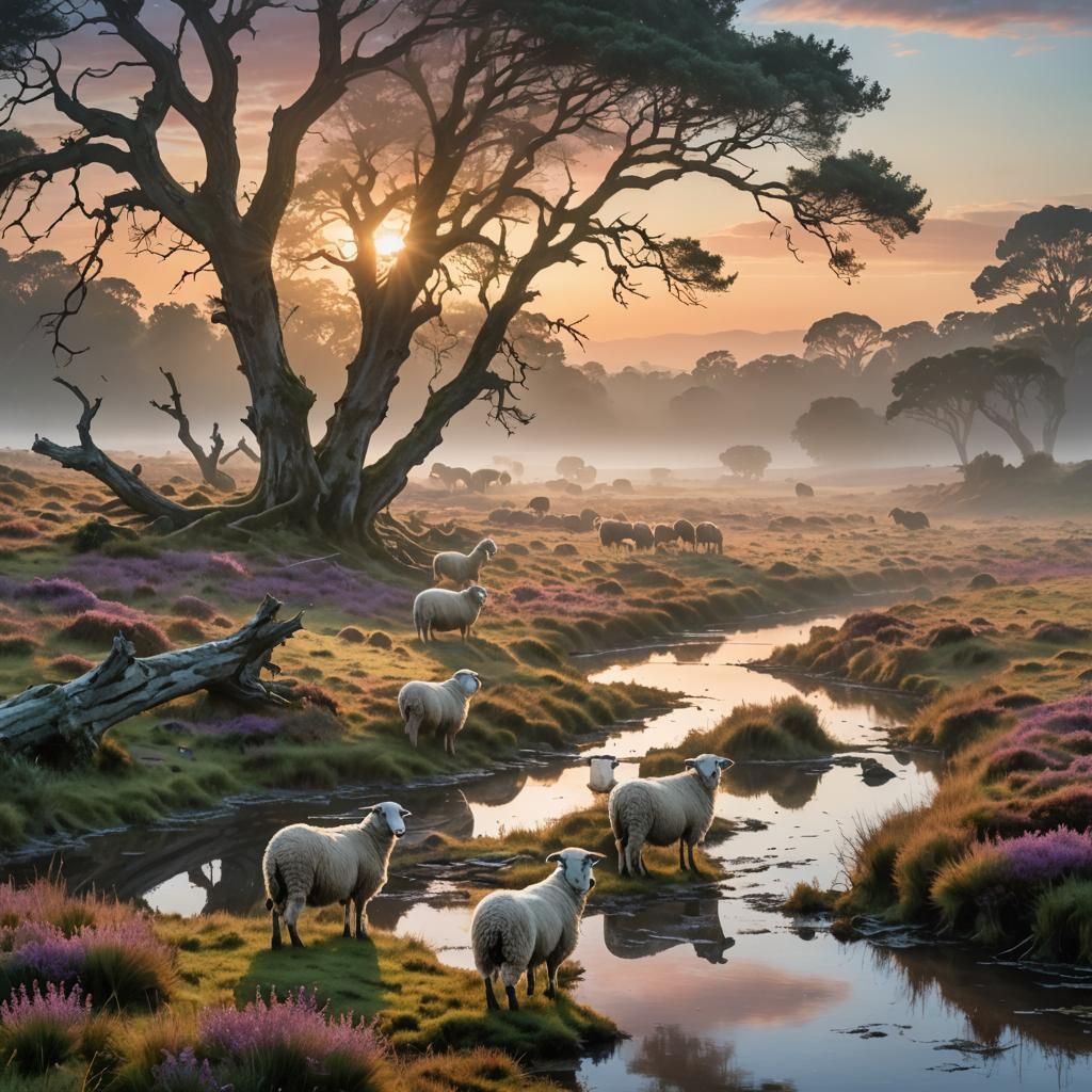 Heathland Scene with Sheep, Shepherd, and Glowing Mushrooms