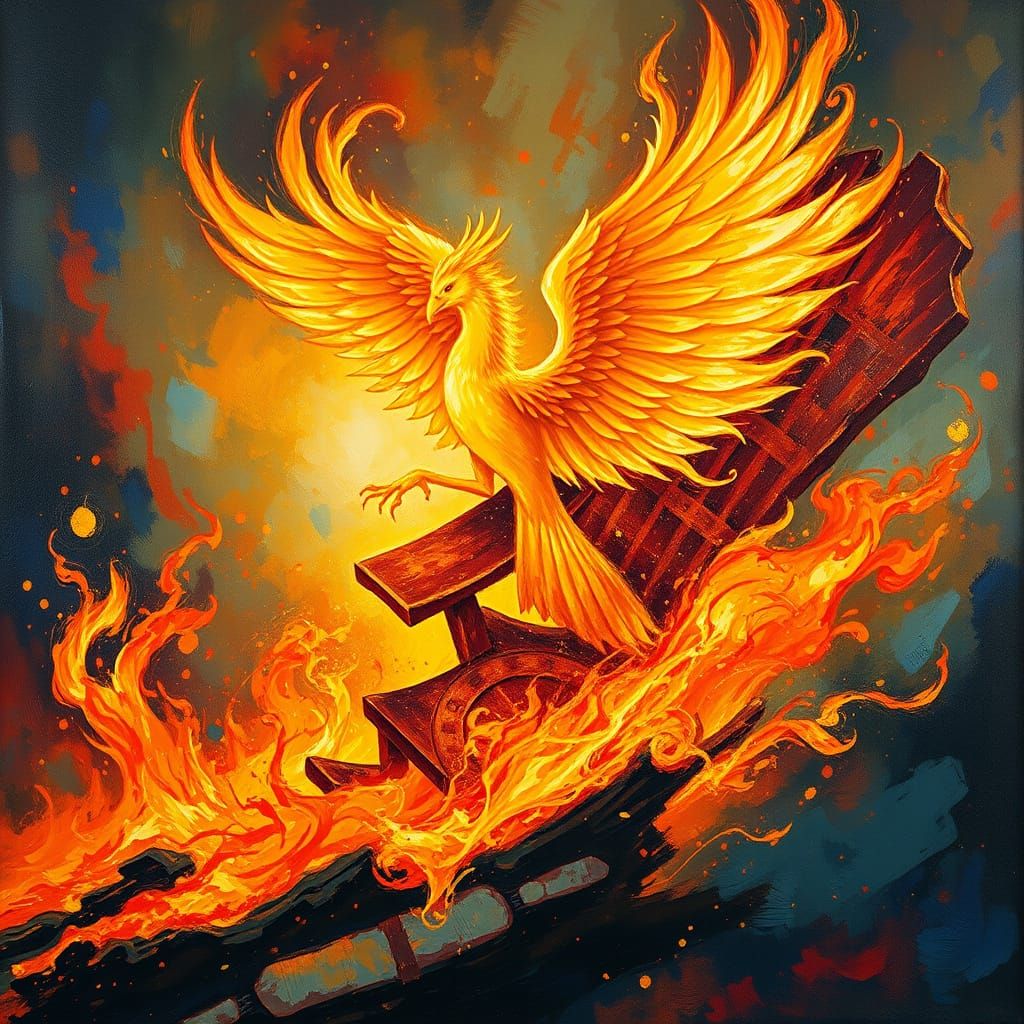 Golden Phoenix Woman on Fire as Impasto Oil Painting