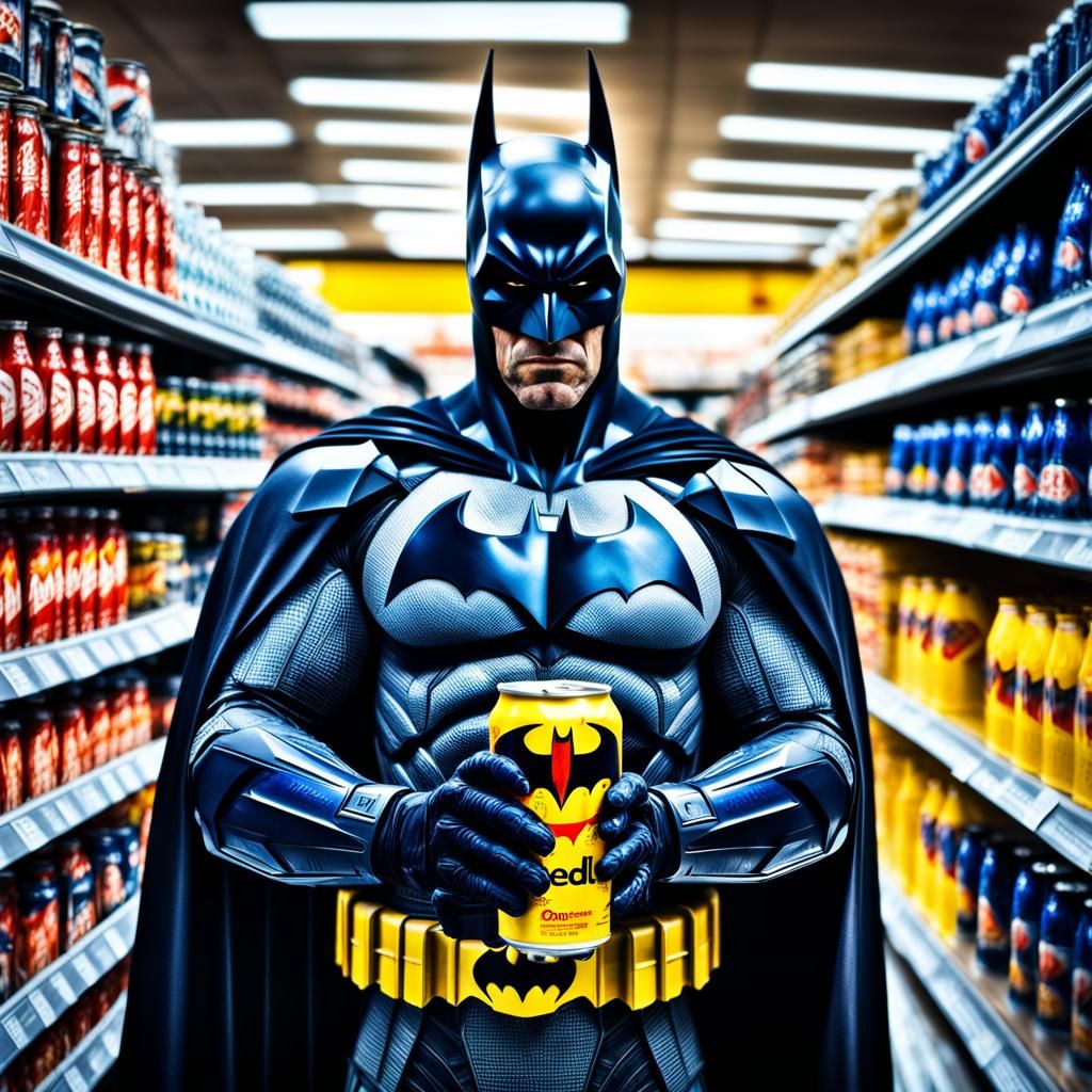 batman holding a redbull energy drink in a supermarket
