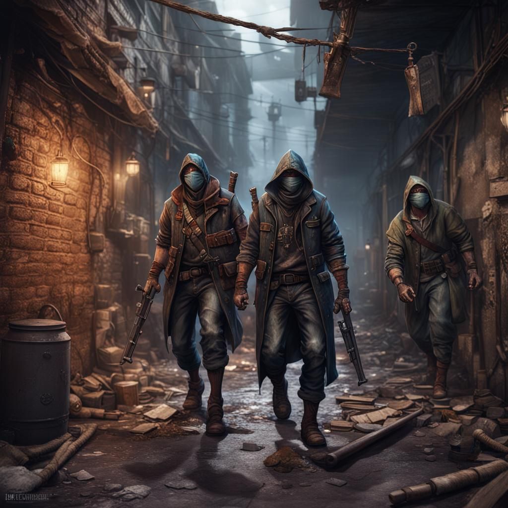 Scarred Thugs Wielding Weapons in Fantasy Alleyway