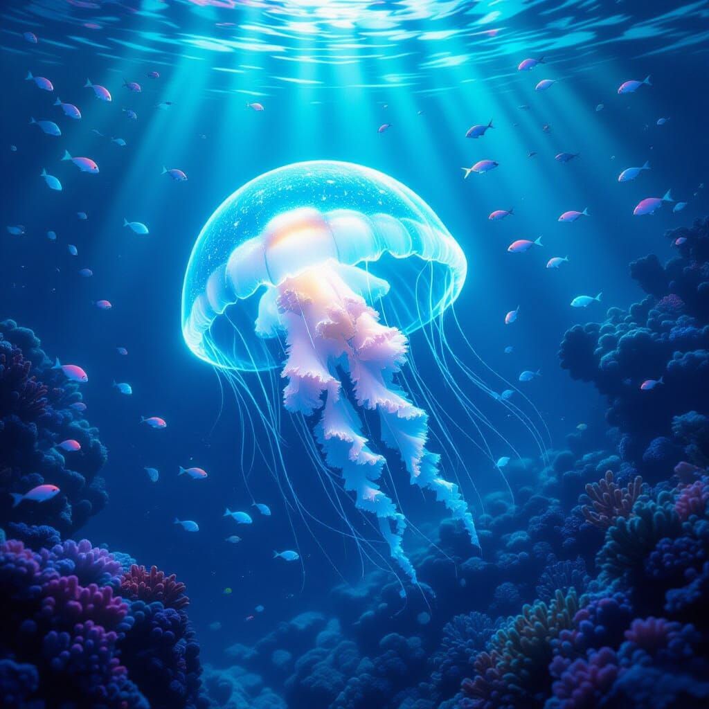 Bioluminescent Jellyfish in Alien Ocean: Pixar Style