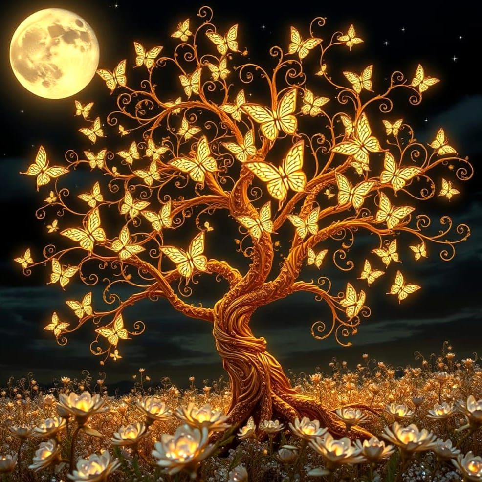 Golden Tree in Enchanted Moonlit Meadow