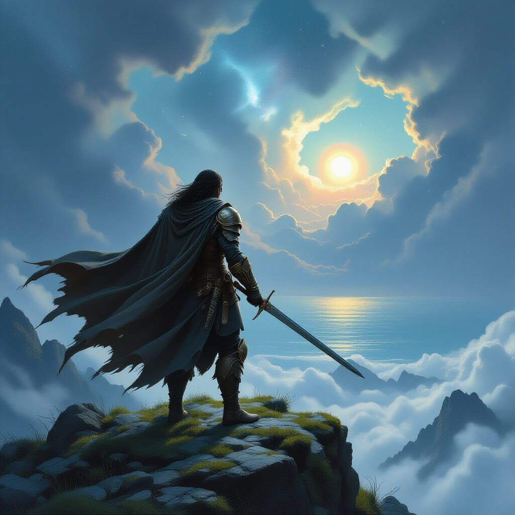 Lone Swordsman Gazing at Dreamlike Sea