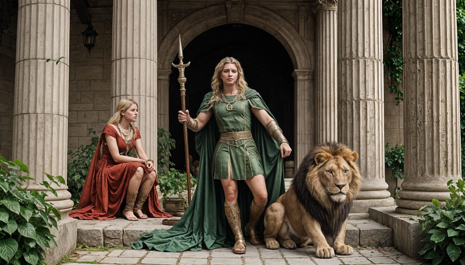 Woman in Ancient Greek Inspired Setting with Lion and Amazon...