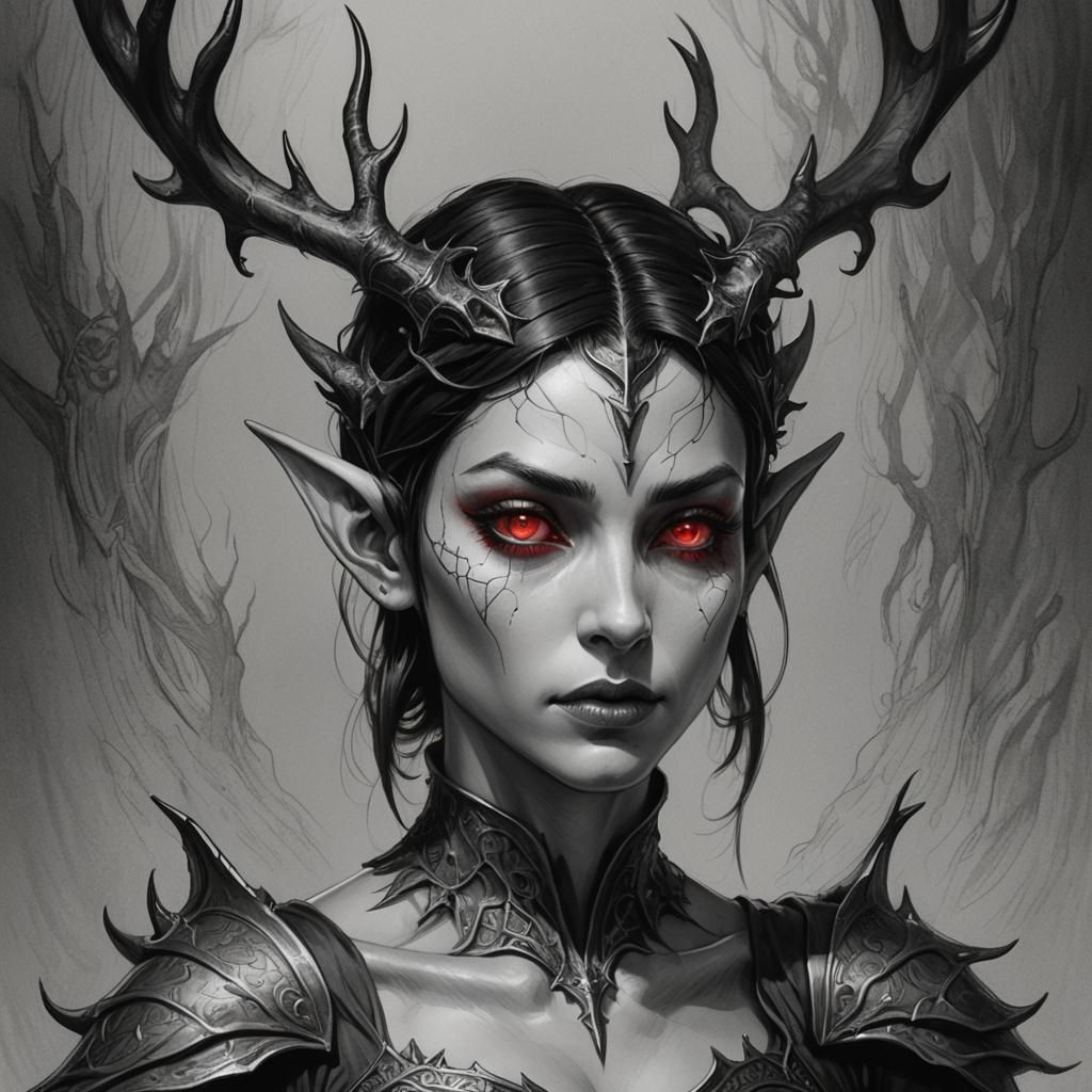 Gothic Elf with Antlers in Pencil Art Style