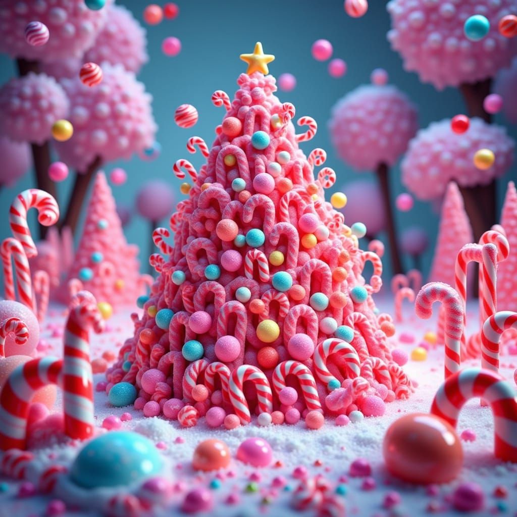 Whimsical Candy Cane Christmas Tree in Surreal Wonderland