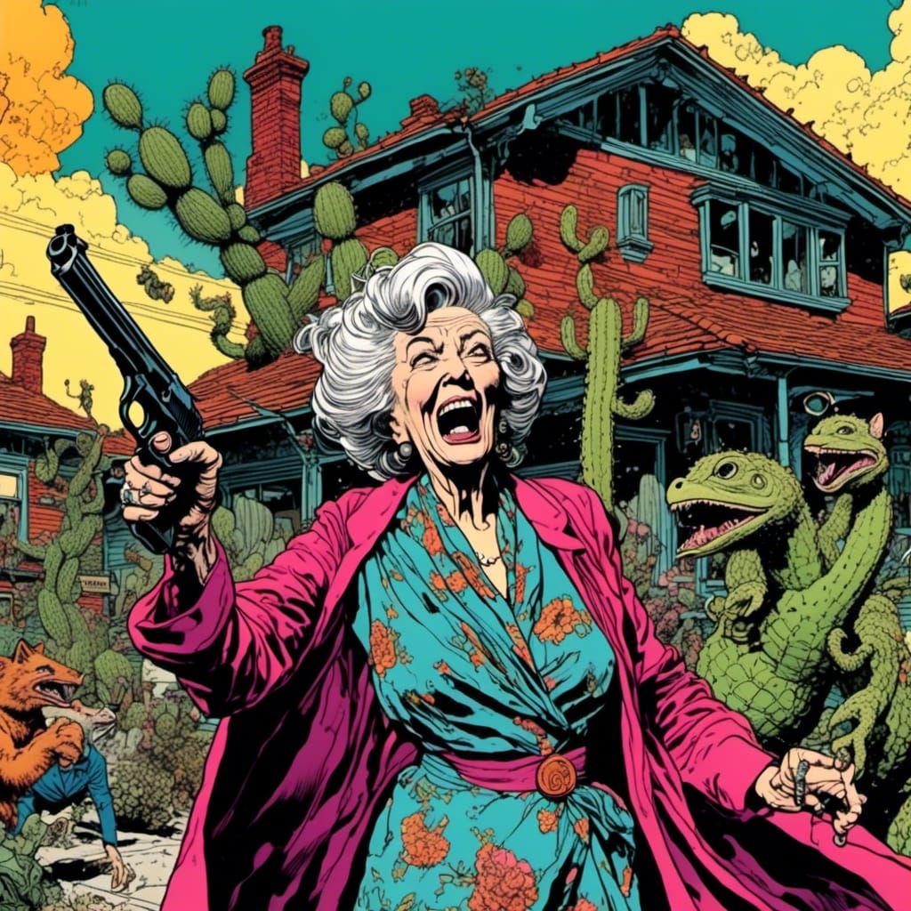 Angry Octogenarian Woman with Gun in Cartoon Art