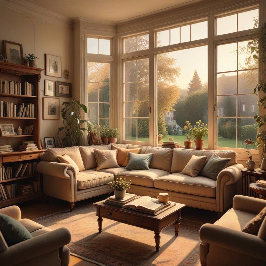 Cozy Vintage Living Room with Garden View