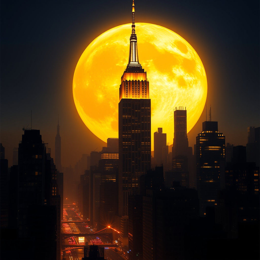 Empire State Building with Golden Moon in Golden Hour