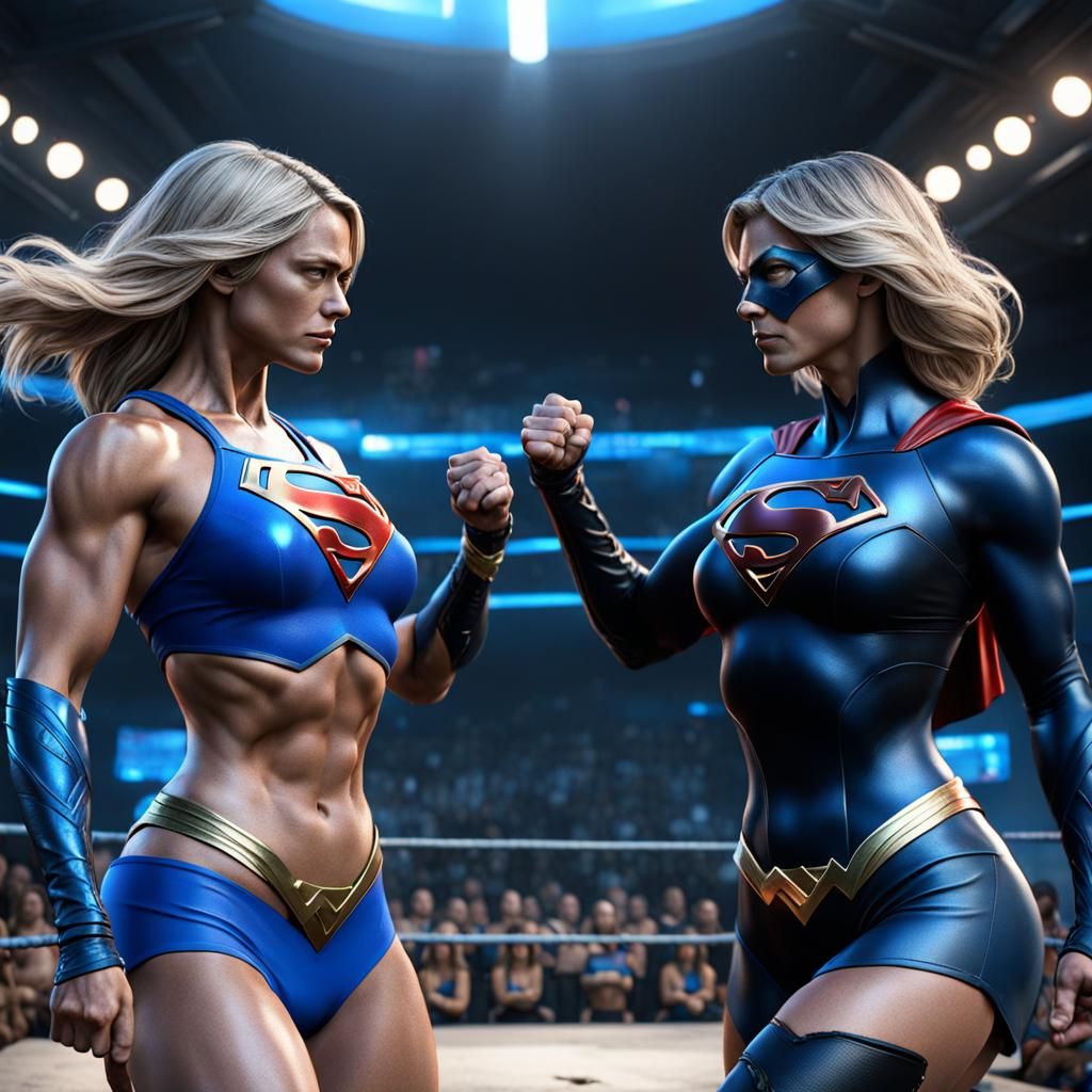 Supergirl Bikini Wrestling: Detailed Matte Painting