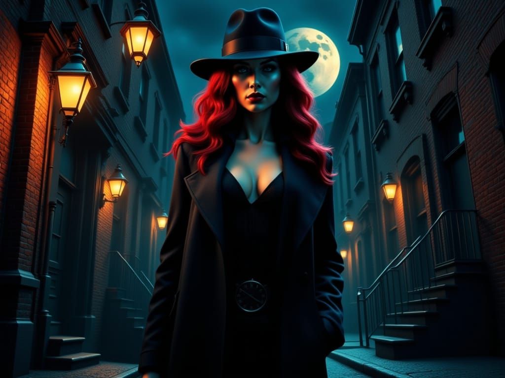 Clockpunk Femme Fatale in Film Noir Style