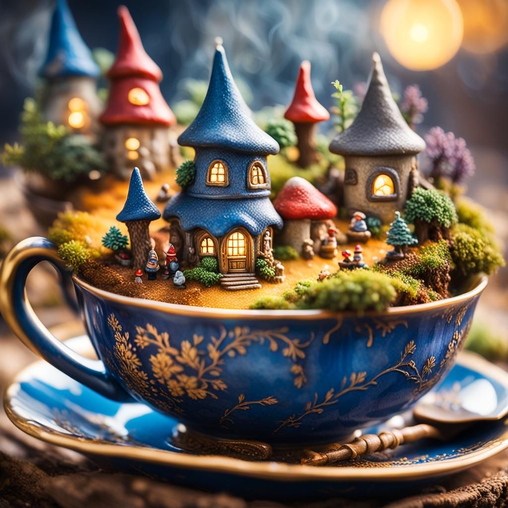 Gnome Village in Antique Teacup: Miniature Macro Photography
