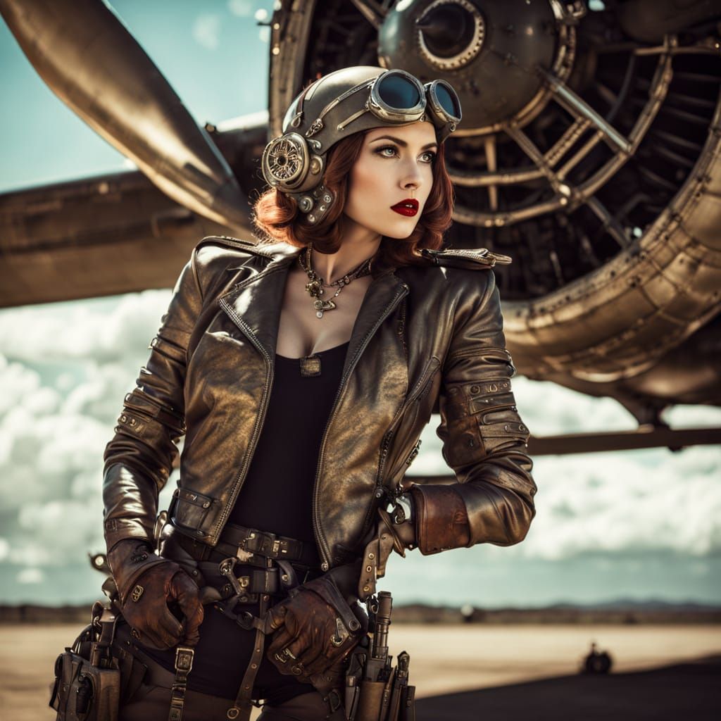 Retro Futurist Pin-Up Girl Leans Against Vintage Bomber
