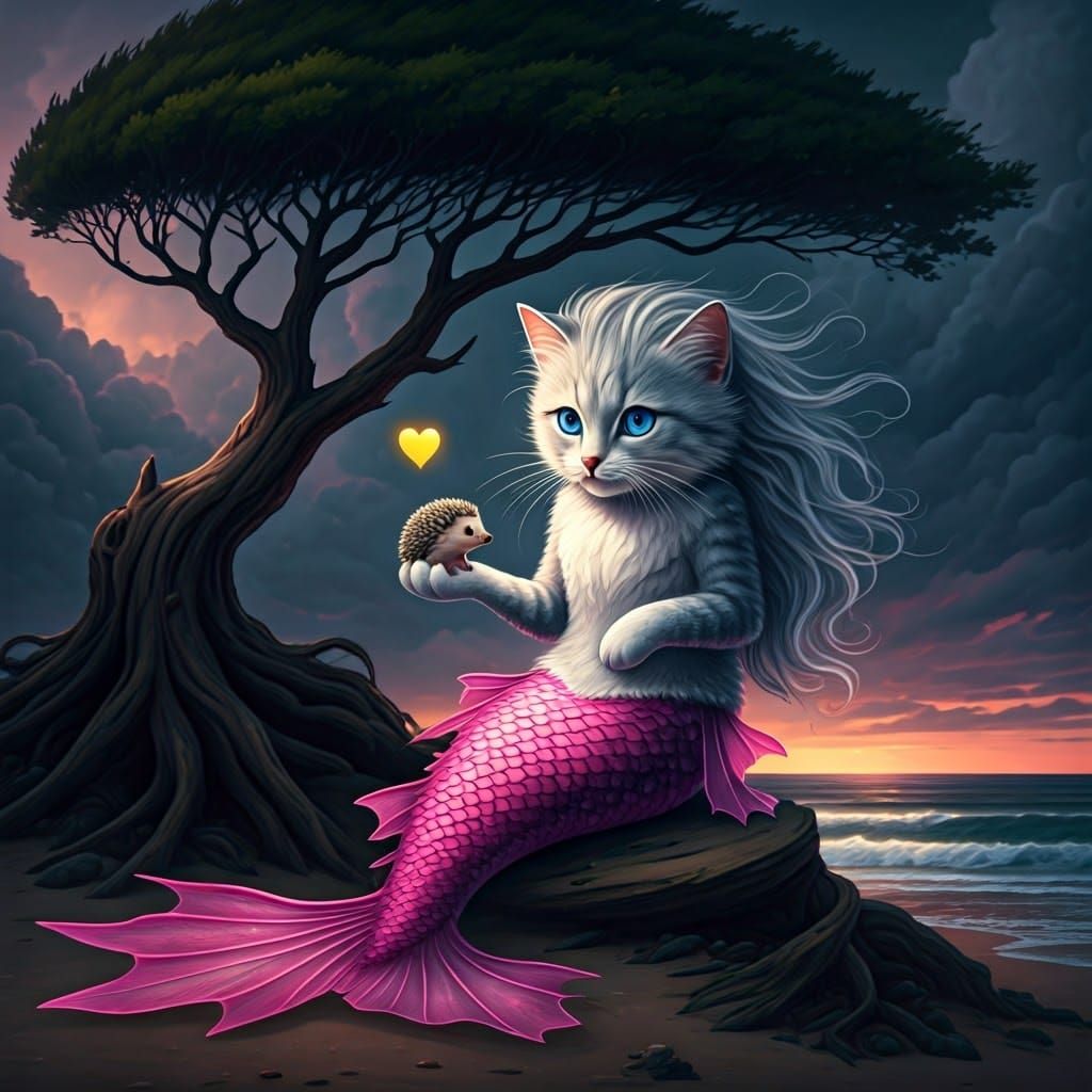 Feline-Mermaid Hybrid on Windswept Beach, Fantasy Concept Ar...