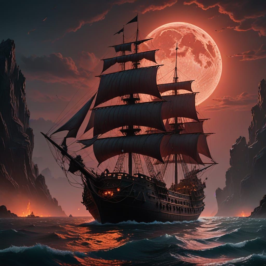 Ghost Ship in Devil's Sea Under Blood Moon