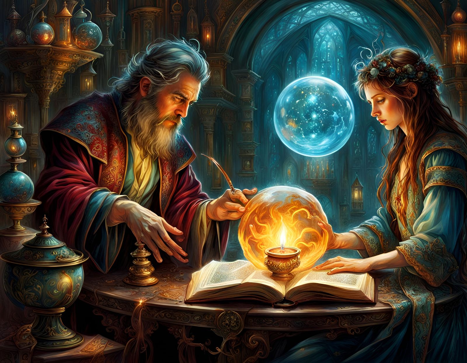Sorcerer and Apprentice Conjuring Spells, Detailed Painting