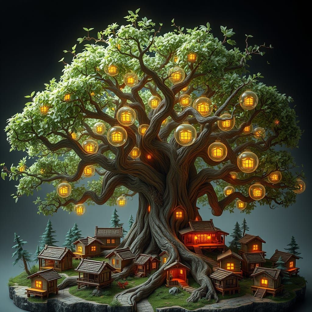 Majestic Bonsai Tree with Glowing Leaves and Carvings