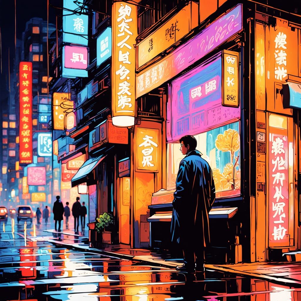 Rainy Tokyo Street Scene Inspired by Wong Kar-wai