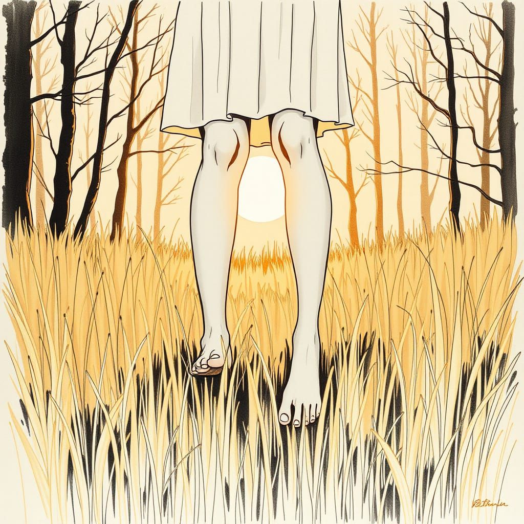 Ethereal Sunrise Woodland Scene with Barefoot Figure