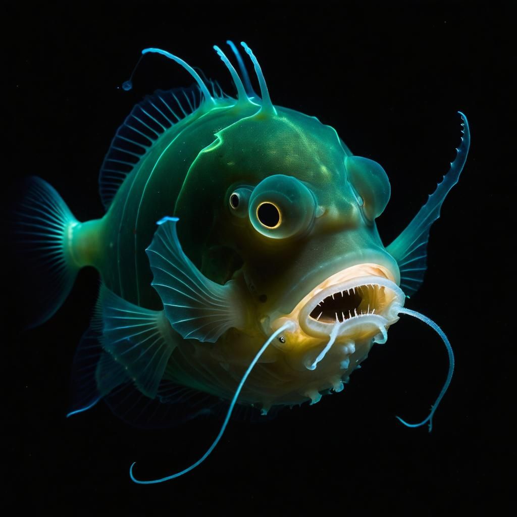 Bioluminescent Anglerfish in the Deep Sea Abyss
