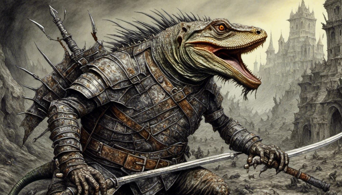Scarred Lizard Warrior in Hyperdetailed Fantasy Battle
