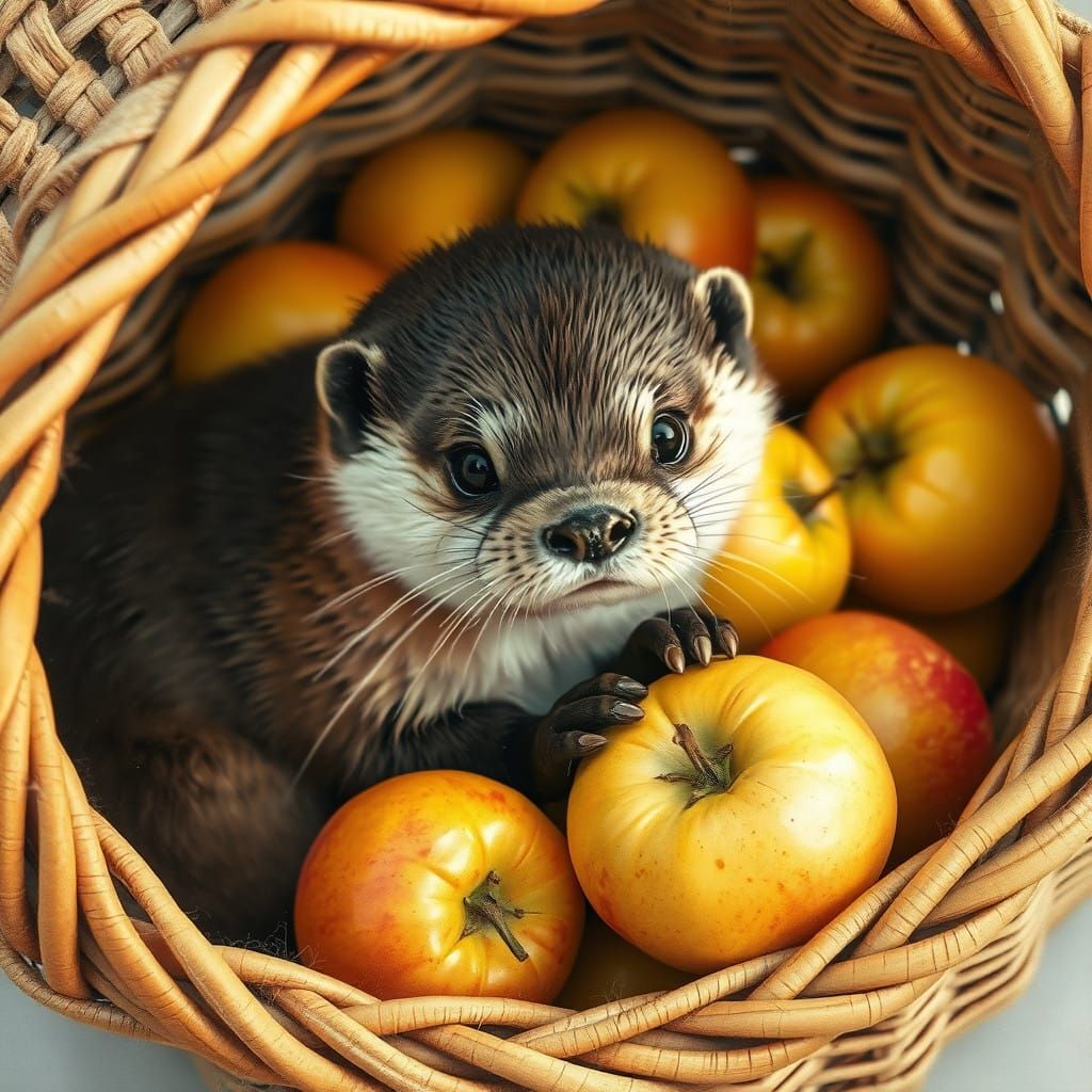Whimsical Otter in Golden Apple Wicker Basket - Museum-Quali...