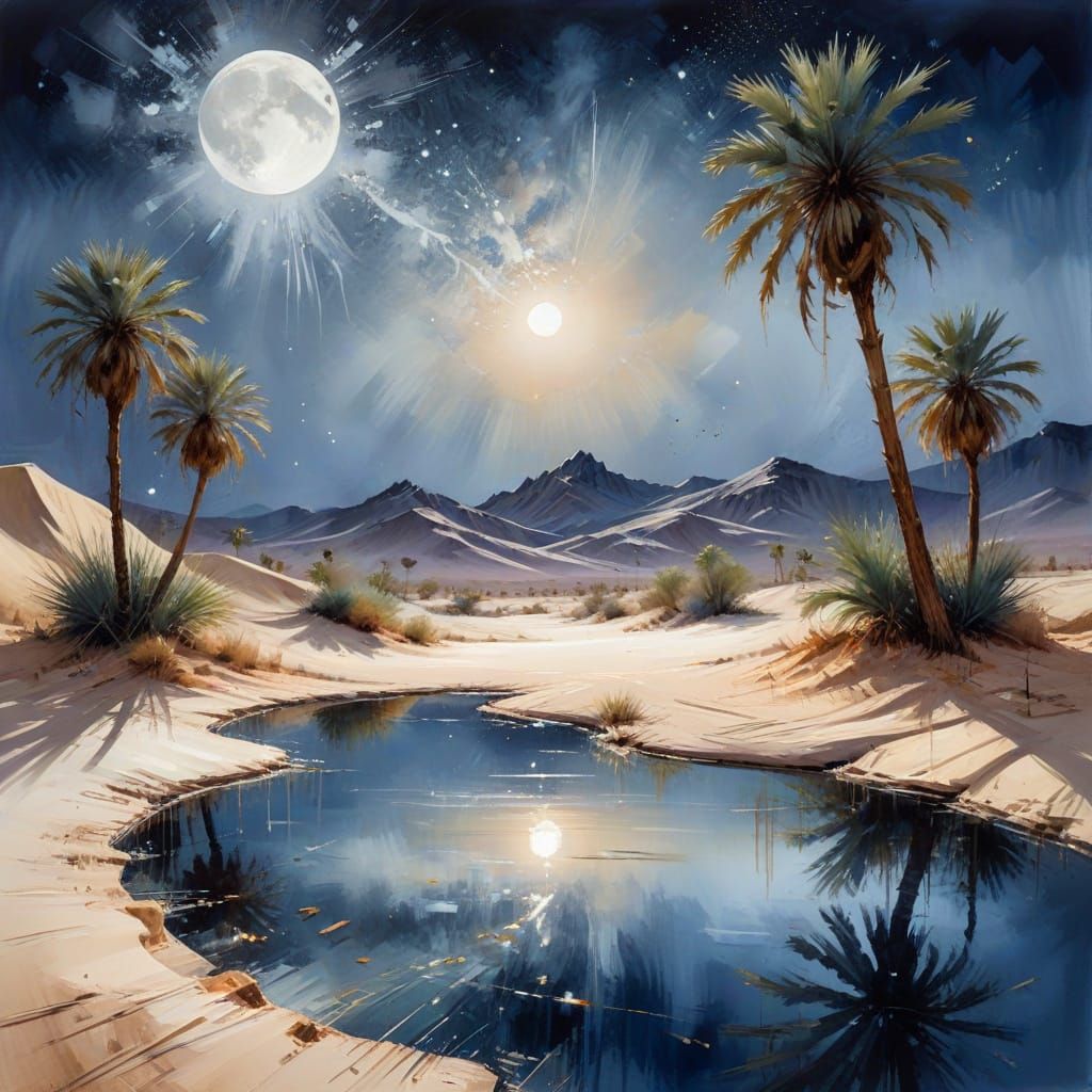 Moonlit Desert Oasis Oil Painting with Starry Sky