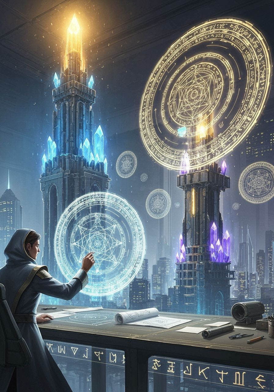 Mage Engineer Drafts Magical Blueprints in Futuristic Worksh...