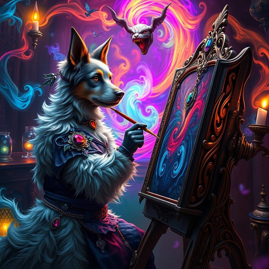 Ethereal Dog Painter in Gothic Easel, Swirling Colors