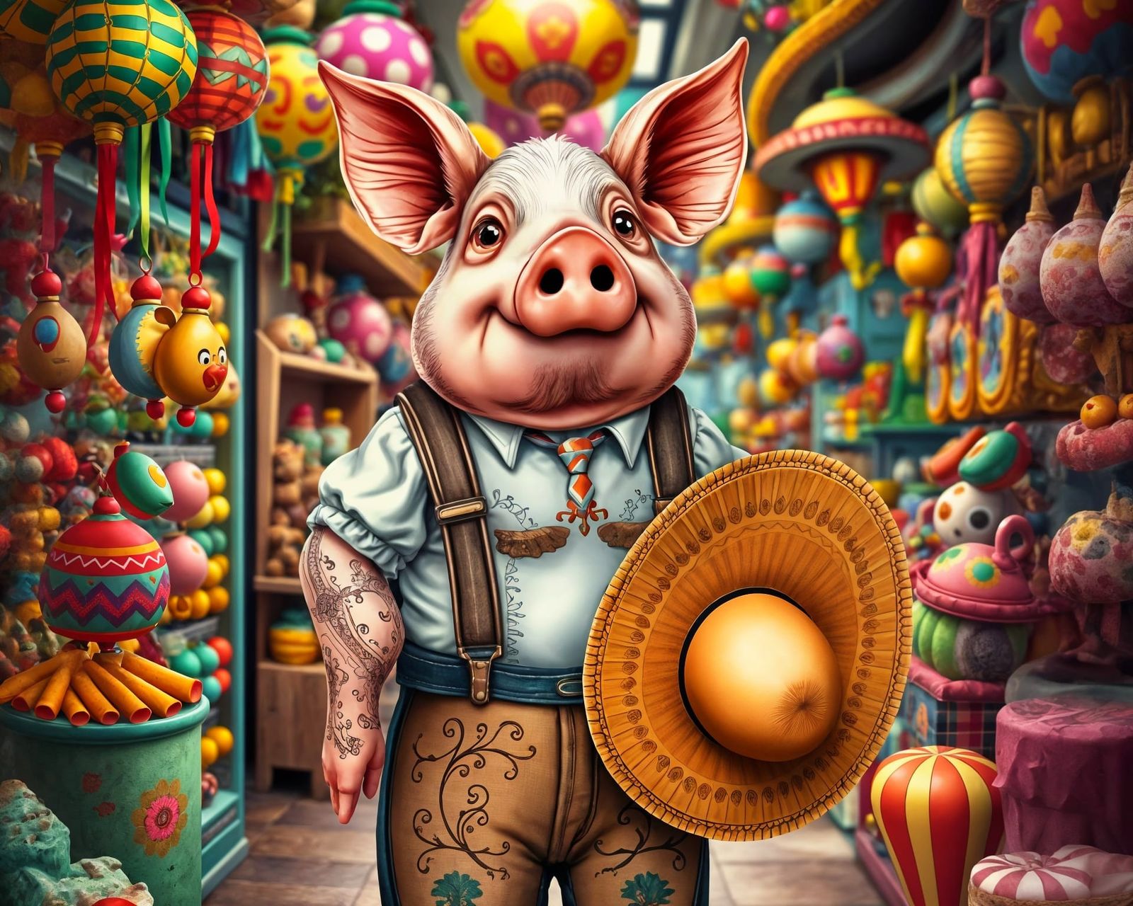 Anthropomorphic Pig in Lederhosen Considers Sombrero