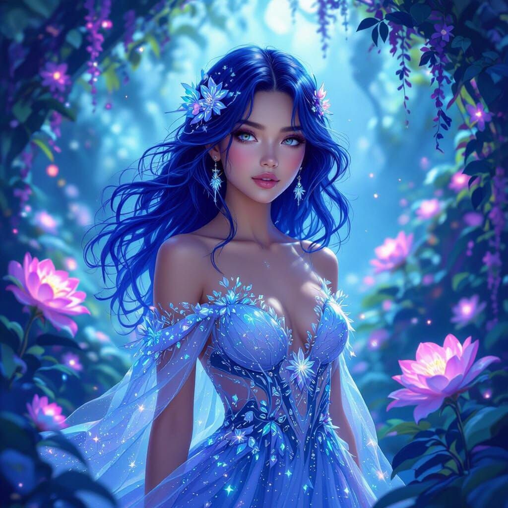 A young woman with vibrant, electric-blue hair stands amidst...